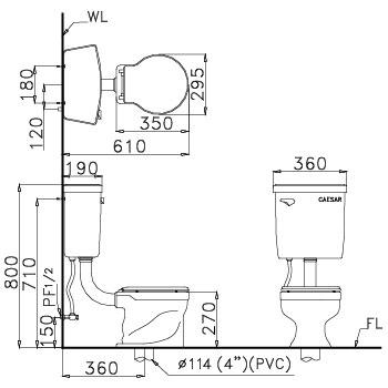 Bản vẽ bồn cầu Caesar CT1026 - Xí bệt bàn cầu vệ sinh trẻ em 2 khối