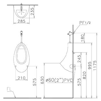 Bản vẽ kỹ thuật bồn tiểu Caesar U0221