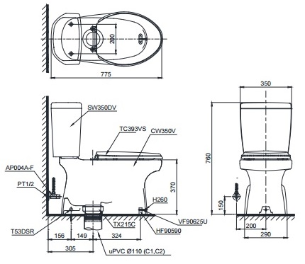 Bản vẽ kỹ thuật xí bệt TOTO CS350DT3