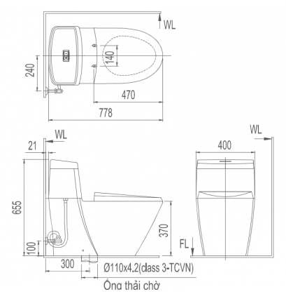 Bản vẽ bệt inax 918 nắp điện tử CW-KB22