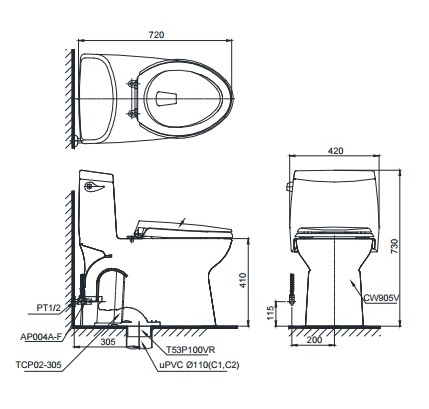 Bản vẽ bồn cầu MS905 nắp rửa cơ TCW07S TOTO