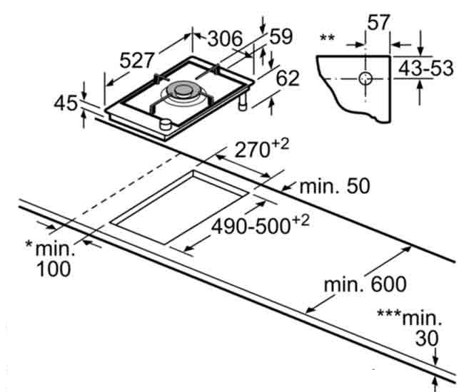 Bản vẽ bếp ga 1 vùng nấu PRA3A6D70 Bosch