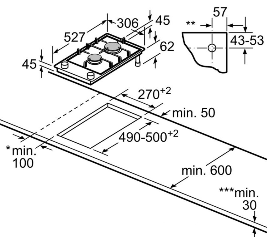 Bản vẽ bếp ga 1 vùng nấu PRB3A6D70 Bosch