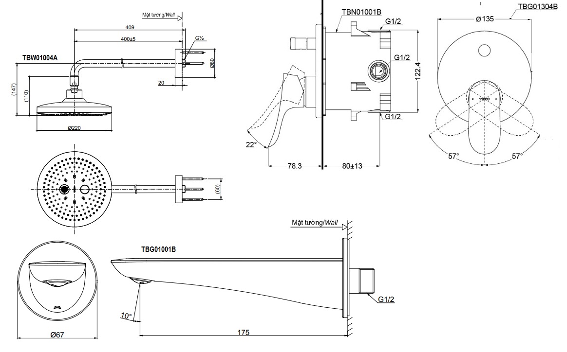 Bản vẽ vòi sen TOTO TBG01304B/TBW01004A/TBG01001B âm tường