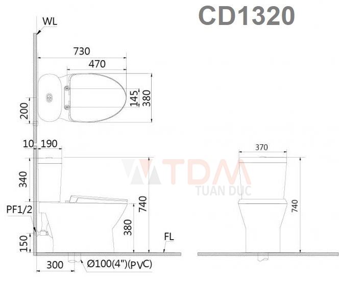 Bản vẽ bồn cầu caesar CD1320 nắp êm