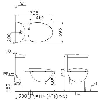 Bản vẽ bồn cầu Caesar CD1375 - Xí bệt bàn cầu vệ sinh 1 khối