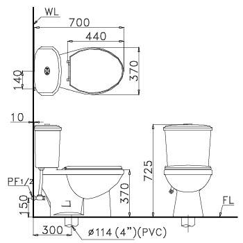 Bản vẽ bồn cầu Caesar CDS1338 - Xí bệt bàn cầu vệ sinh 2 khối