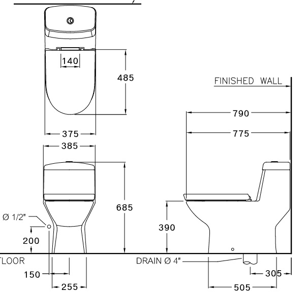 Bản vẽ bồn cầu C1113 COTTO 1 khối