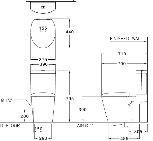 Bản vẽ bồn cầu C12247 COTTO dòng Unique II