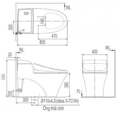 Bản vẽ bệ xí bệt Inax 1008 xả nhấn nắp rửa cơ