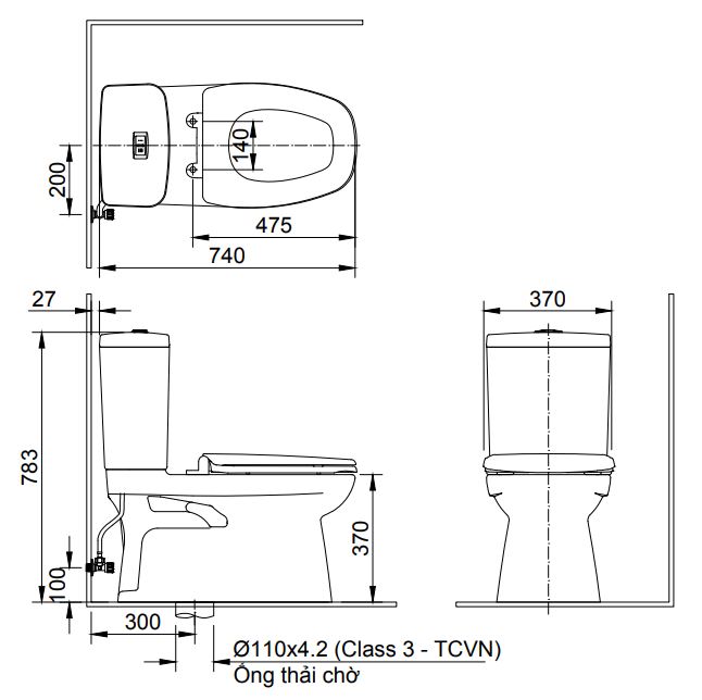 Bản vẽ bệ xí bệt Inax 808 xả nhấn nắp êm