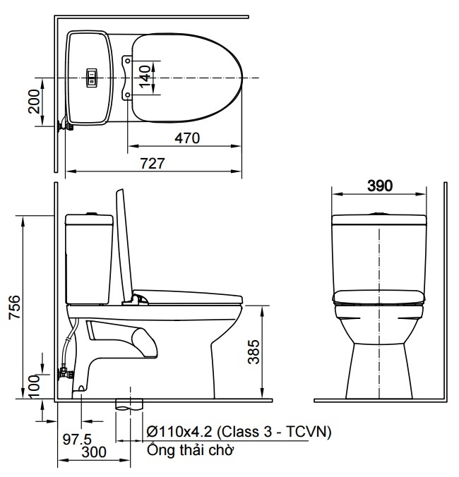Bản vẽ bệ xí bệt Inax 504 xả nhấn nắp rửa cơ