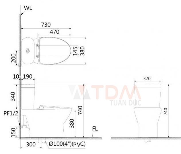 Bản vẽ bồn cầu caesar CD1320 + TAF050