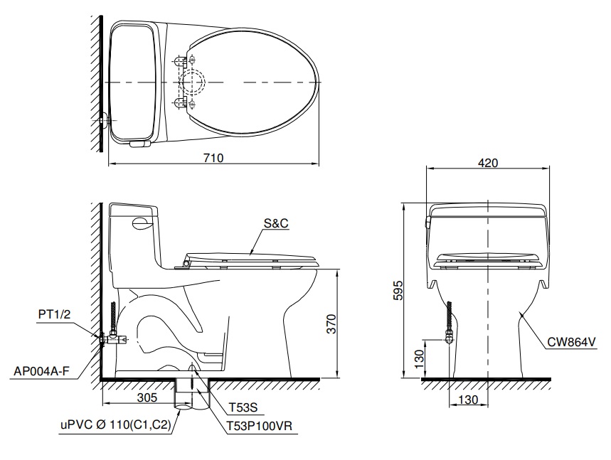 bản vẽ bồn cầu nắp điện tử TOTO MS864W4