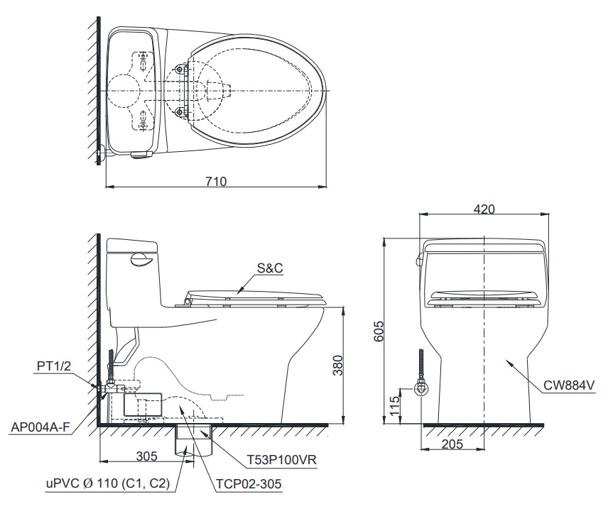 bản vẽ bồn cầu nắp rửa điện tử TOTO MS884W6