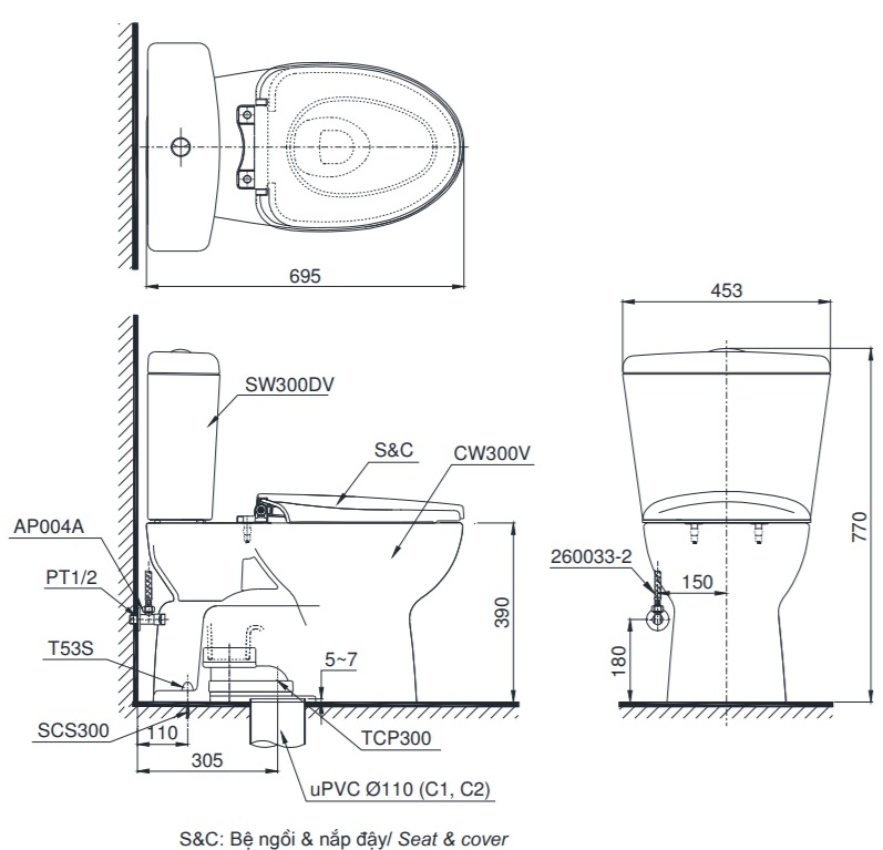 Bản vẽ kỹ thuật xí bệt TOTO C300