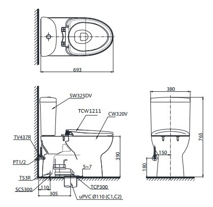 bản vẽ bồn cầu TOTO CS325DRE4 nắp rửa cơ