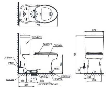 Bản vẽ kỹ thuật xí bệt TOTO CS351DT3