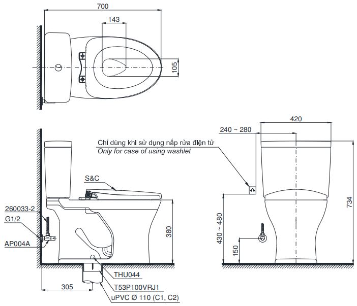 Bản vẽ bồn cầu C735 nắp êm TC385VS TOTO