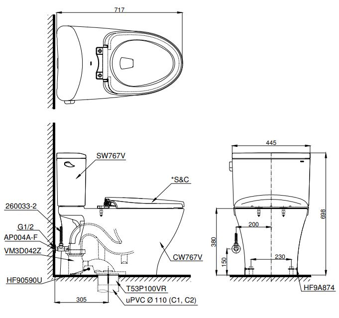 Bản vẽ bồn cầu 2 khối TOTO CS767W4