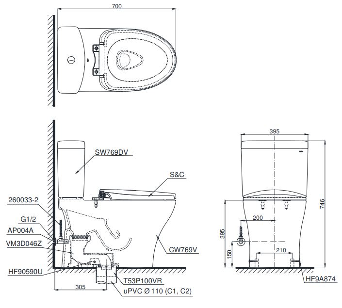 Bản vẽ bồn cầu CS769 nắp điện tử TCF4731A TOTO