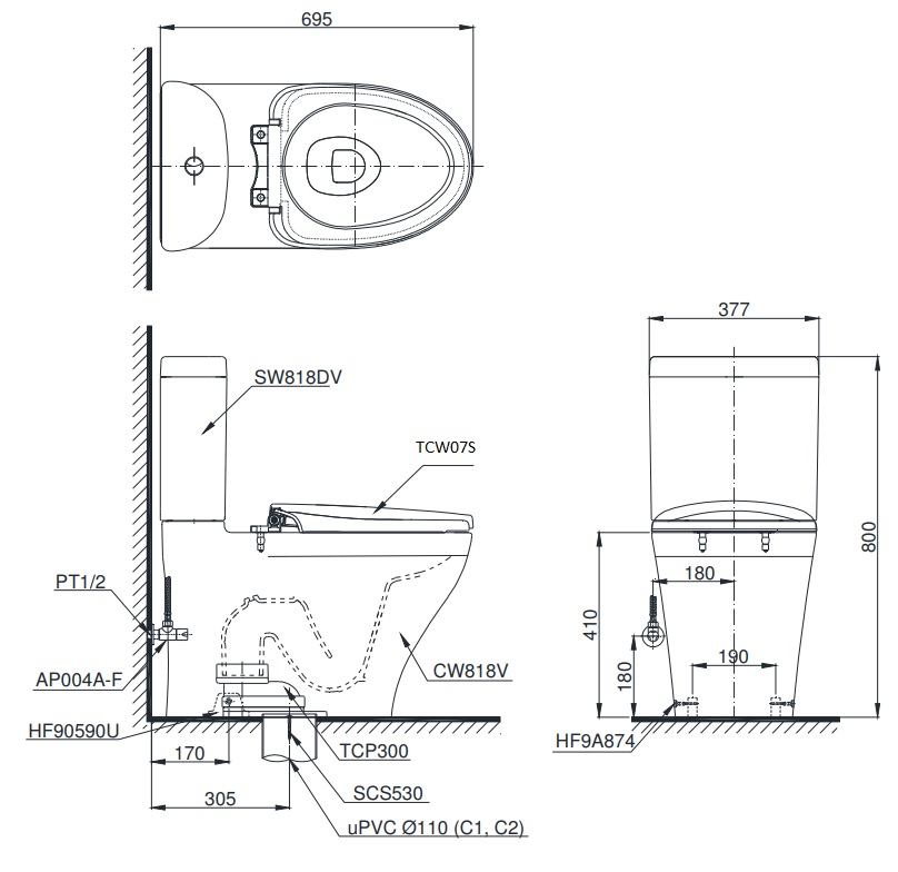 bản vẽ bồn cầu TOTO CS818DE2 nắp rửa cơ