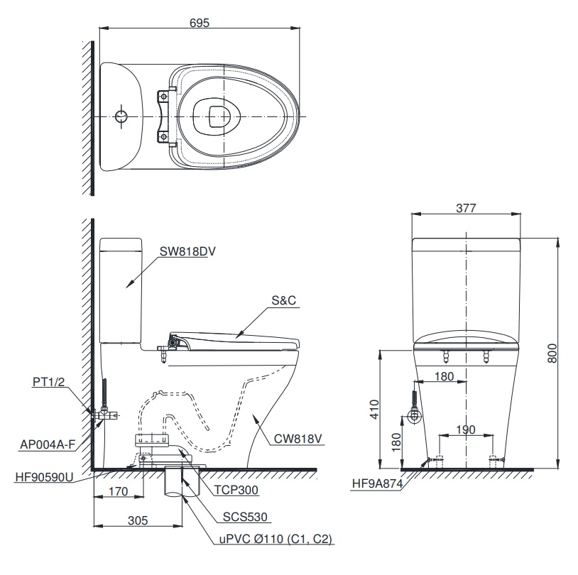 bản vẽ bồn cầu nắp điện tử TOTO CS818Dw11