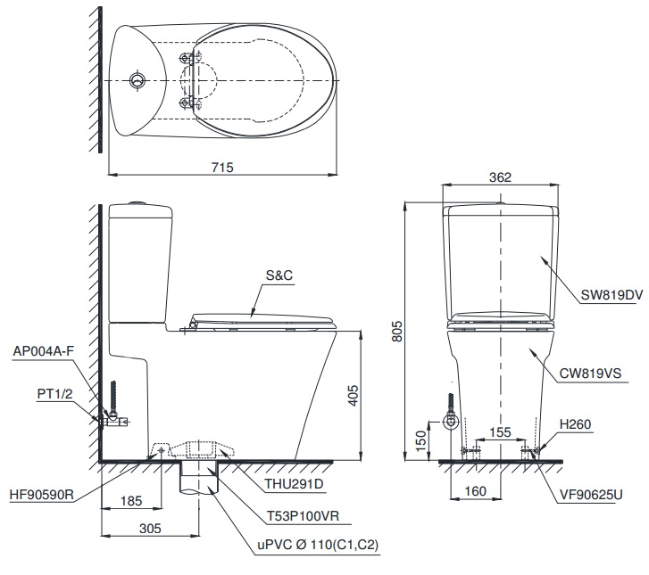 Bản vẽ kỹ thuật xí bệt TOTO CS819DST3