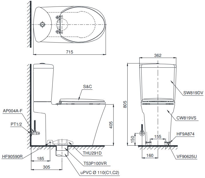 Bản vẽ bồn cầu CS819 nắp rửa cơ TCW07S TOTO