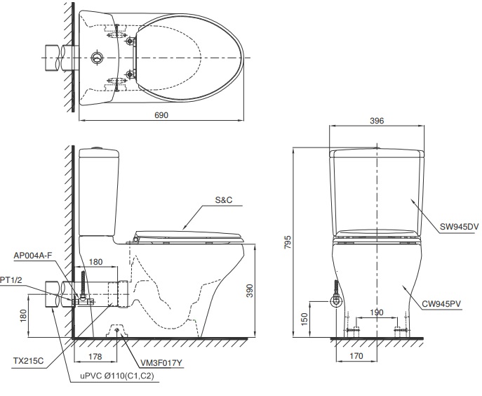 Bản vẽ kĩ thuật bồn cầu TOTO CS945PDT3 thoát ngang