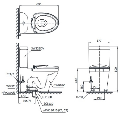 Bản vẽ bồn cầu nắp điện tử TOTO CS818DW7