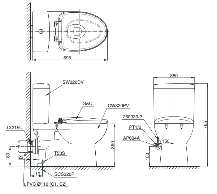 Bản vẽ kỹ thuật bồn cầu TOTO CS320PDRT3 Thoát Ngang