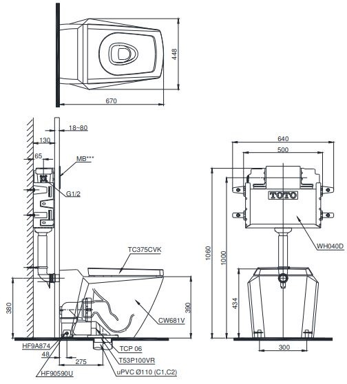 Bản vẽ kỹ thuật xí bệt CW681 két nước âm tường TC375CVK 