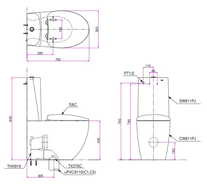 Bản vẽ kỹ thuật xí bệt TOTO CW811