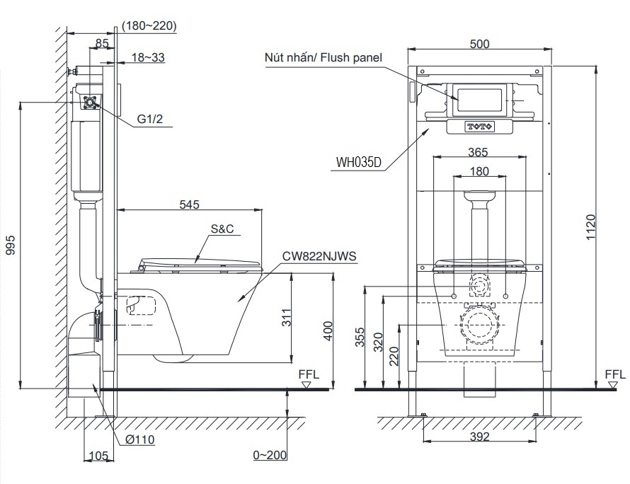 Bản vẽ kỹ thuật xí bệt CW822NJWS/WH035D/MB005DG