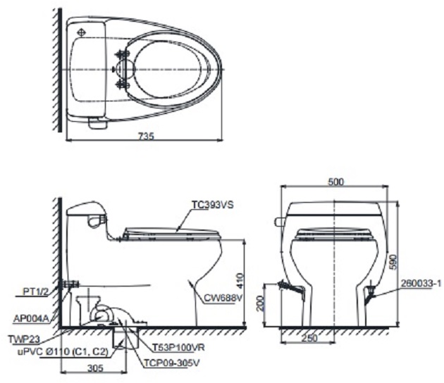 Bản vẽ bồn cầu TOTO MS688T3 - Xí bệt bàn cầu vệ sinh 1 khối