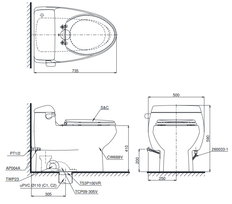 bản vẽ bồn cầu nắp rửa điện tử TOTO MS688W7