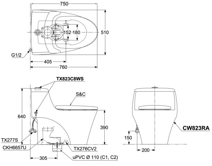 Bản vẽ bồn cầu TOTO MS823RAE2 1 khối