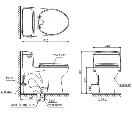 bản vẽ bồn cầu TOTO MS864E4 nắp rửa cơ