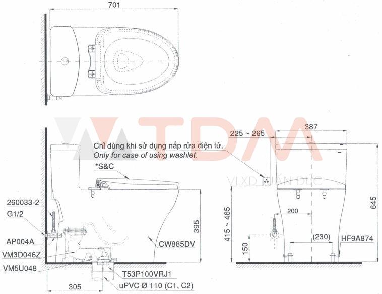 Bản vẽ kỹ thuật bàn cầu TOTO MS885DE2