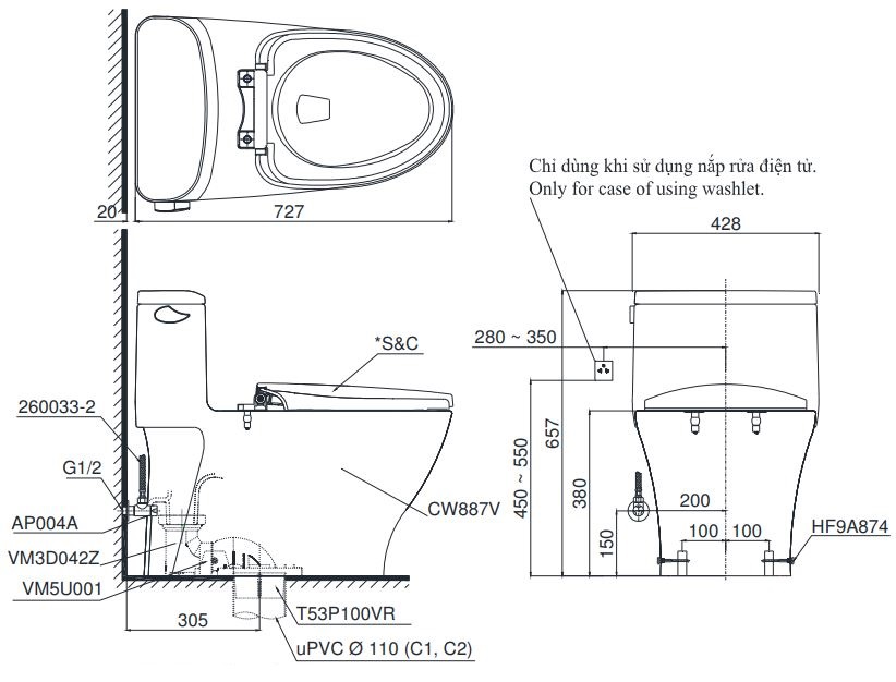 Bản vẽ bồn cầu TOTO MS887E4 1 khối