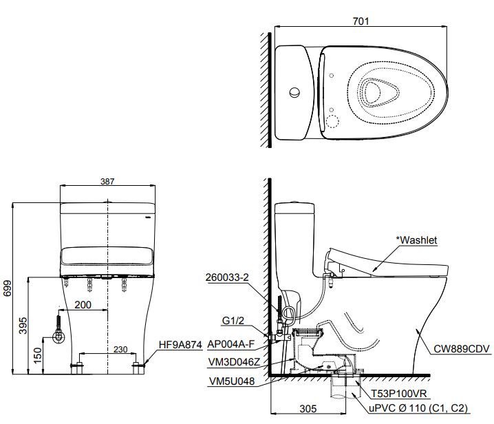 Bản vẽ bồn cầu nắp điện tử TOTO MS889CDW12