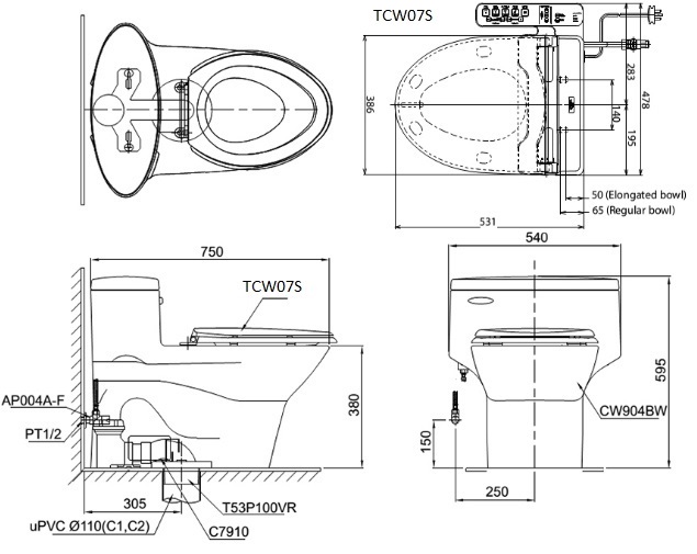 bản vẽ bồn cầu TOTO MS904E2 nắp rửa cơ