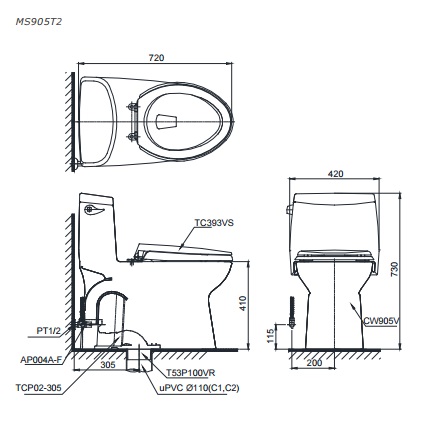 Bản vẽ kỹ thuật xí bệt TOTO MS905