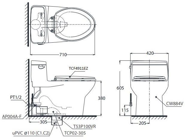 Bản vẽ bồn cầu TOTO MS884CW12 1 khối