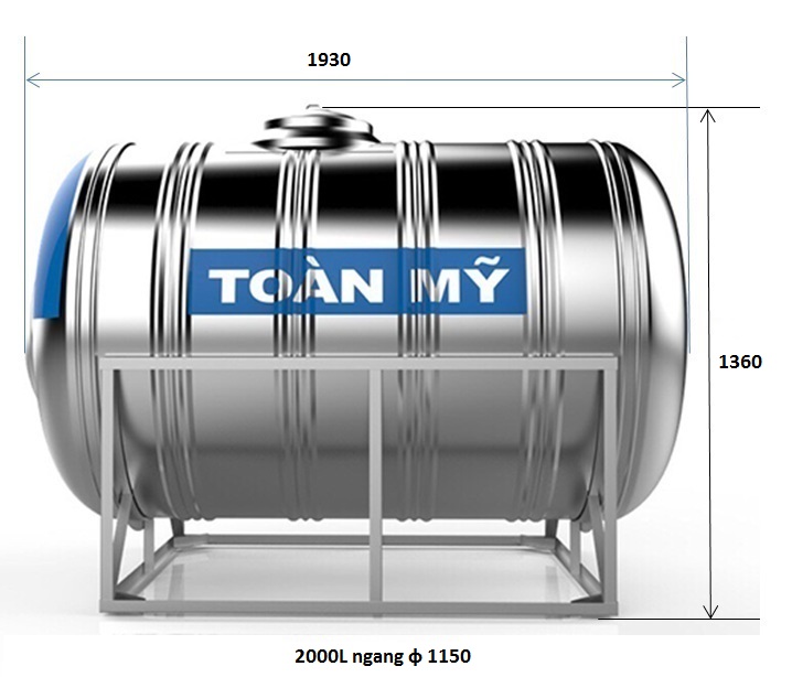 bản vẽ bồn nước Inox Toàn Mỹ 2000L ngang SUS 304