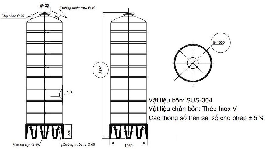 Bản vẽ téc nước inox 10000L Đại Thành SUS 304