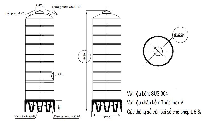 bản vẽ bồn nước inox Đại Thành 20000 lít đứng SUS 304