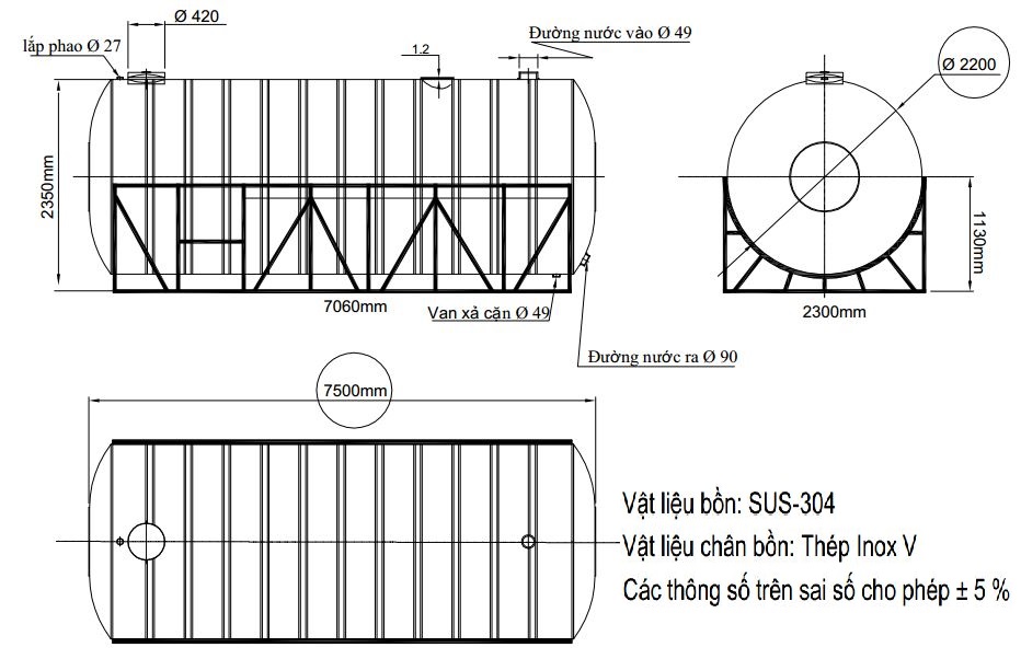 bản vẽ bồn nước inox Đại Thành 30000 lít ngang SUS 304