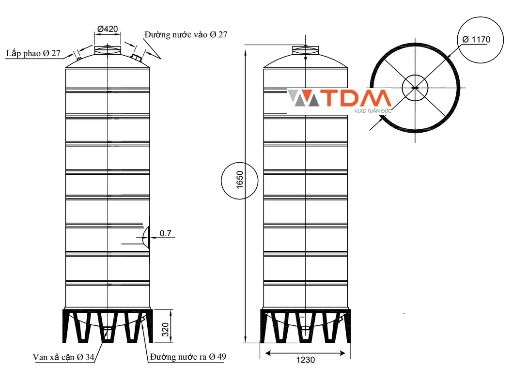Bản vẽ bồn chứa nước inox 1500 lít Đại Thành SUS 304